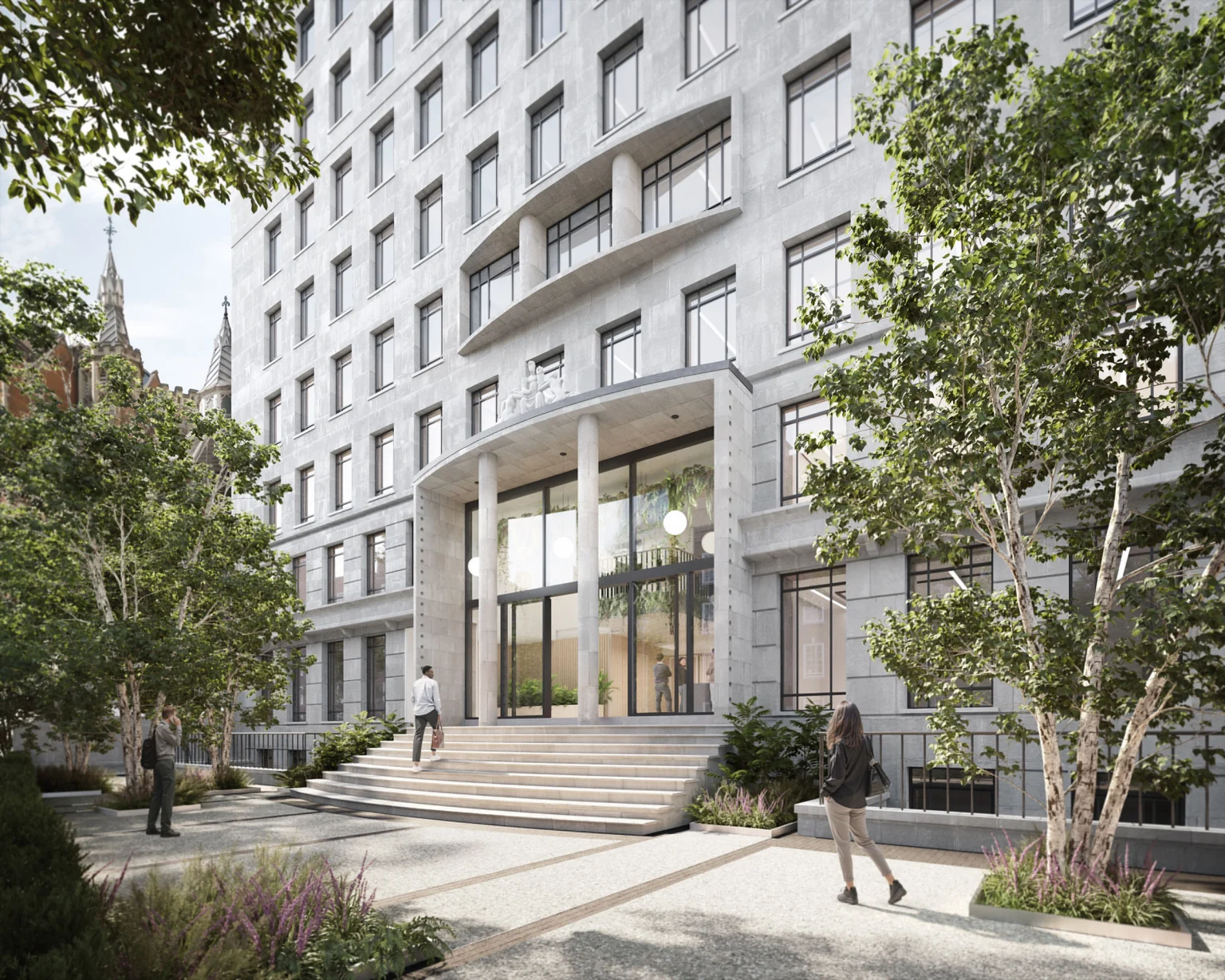 The planted entrance and front steps of Metropolis