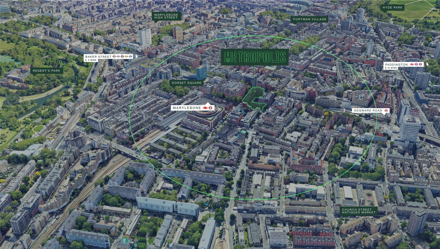 Aerial view of Marylebone with Metropolis inside a five-minute walking radius, near Marylebone station, Dorset Square and Regent's Park, with Baker Street, Edgware Road, Paddington and Hyde Park close by